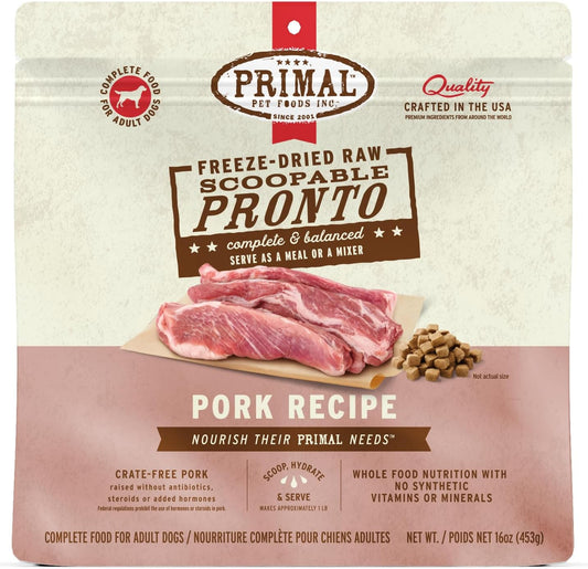 Primal Freeze Dried Dog Food, Pronto Mini Nuggets, Pork; Scoop & Serve, Complete & Balanced Meal; Also Use As Topper or Treat; Premium, Healthy, Grain Free, High Protein Raw Dog Food (16 oz)
