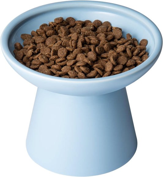 Extra Wide Elevated Ceramic Cat Food Bowl - 6.2" Shallow Dish for Whisker Fatigue Relief, 5" Height for Easy Feeding, Lead & Cadmium Free, Durable Raised Cat Food Bowls, Blue