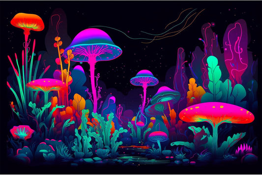 Mushrooms Aquarium Background Mushrooms in Dark Forest with Bright Colors Terrarium Background Tranquil Lake Cartoon Style Aquatic Plants Fish Tank Backdrop Poster Decorations Wallpaper Decor 72x18in