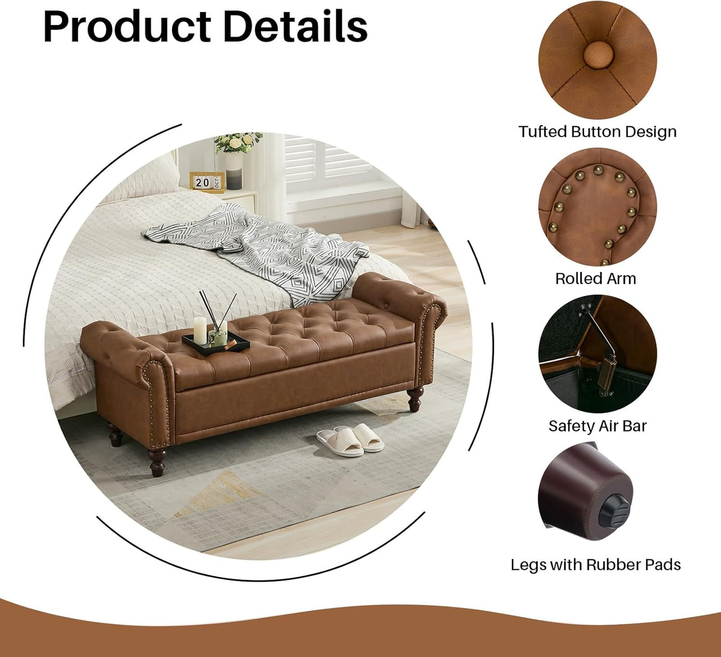 58.1'' Storage Bench Upholstered PU Leather End of Bedroom Bed Bench Ottoman with Tufted Cushioned Rolled Arm Large Storage Space for Reading Living Room Entryway, Brown
