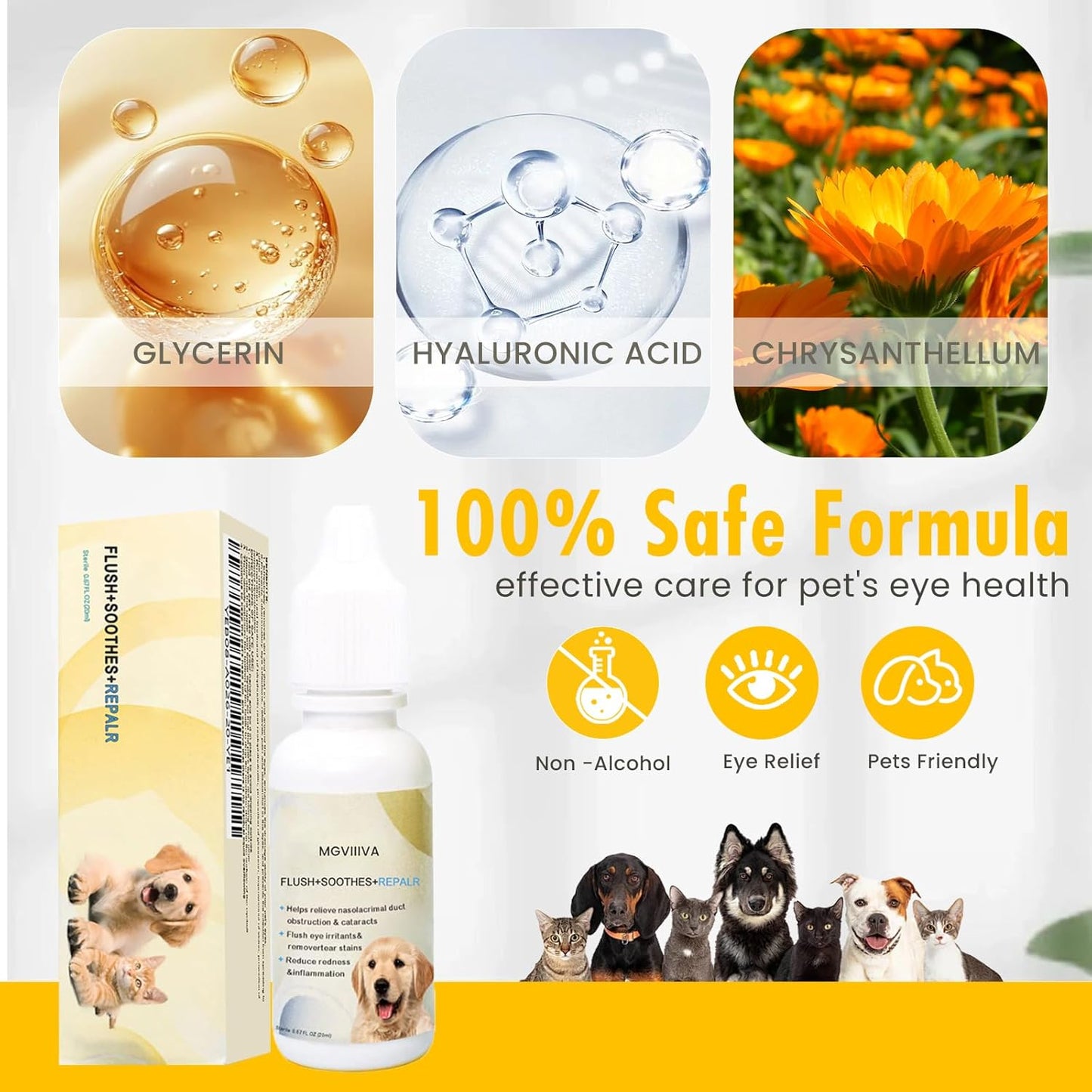 Eye Drops for Dogs, Cataract Dog Eye Drops for Relieving Itching and Irritation, Dog Eye Infection Treatment, Eye Drops for Dogs & Cats Removing Eye Dryness Pink Eyes Tear Stain Cleaner 2x20 mL