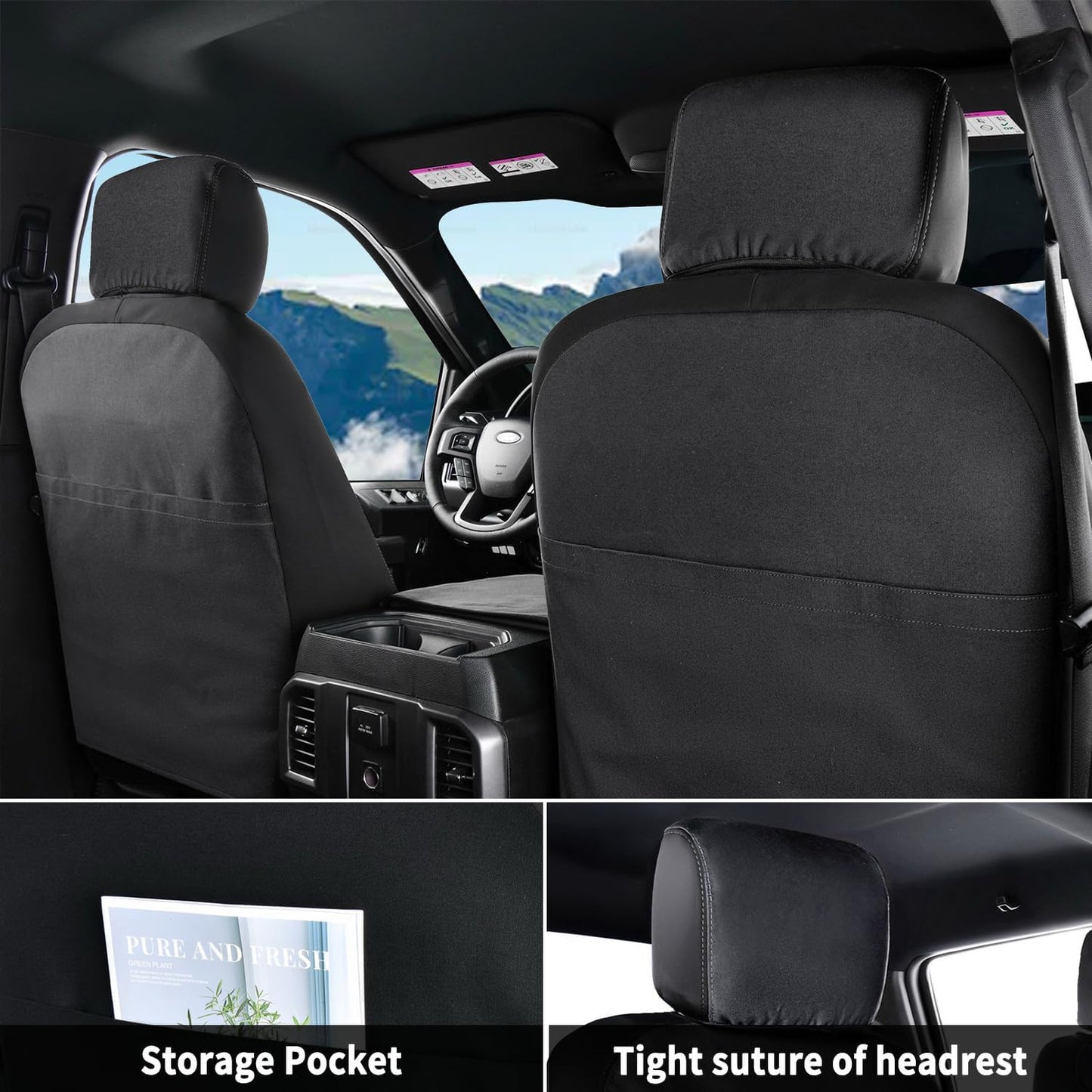 Coverado Front Seat Covers, Waterproof Canvas Seat Protector for Car Seat Cushions for Kids & Dogs, Compatible with 2015-2025 Ford F150 & 2017-2025 Ford F250 F350 F450(Black, 2PCS)