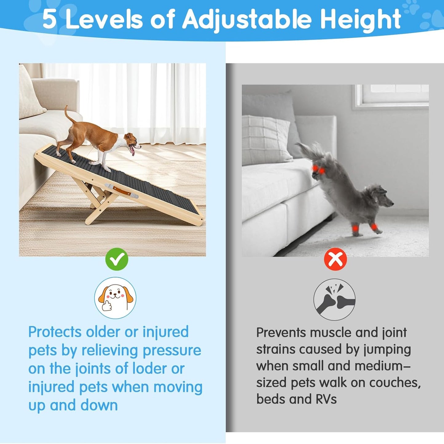 Dog Ramp for Couch, Bed, Wooden Long Pet Stairs for Small & Large Old Dogs & Cats, Hold up to 100lb, Adjustable Height from 11.41" to 20.47", Portable Doggie Steps (39.37" Long)