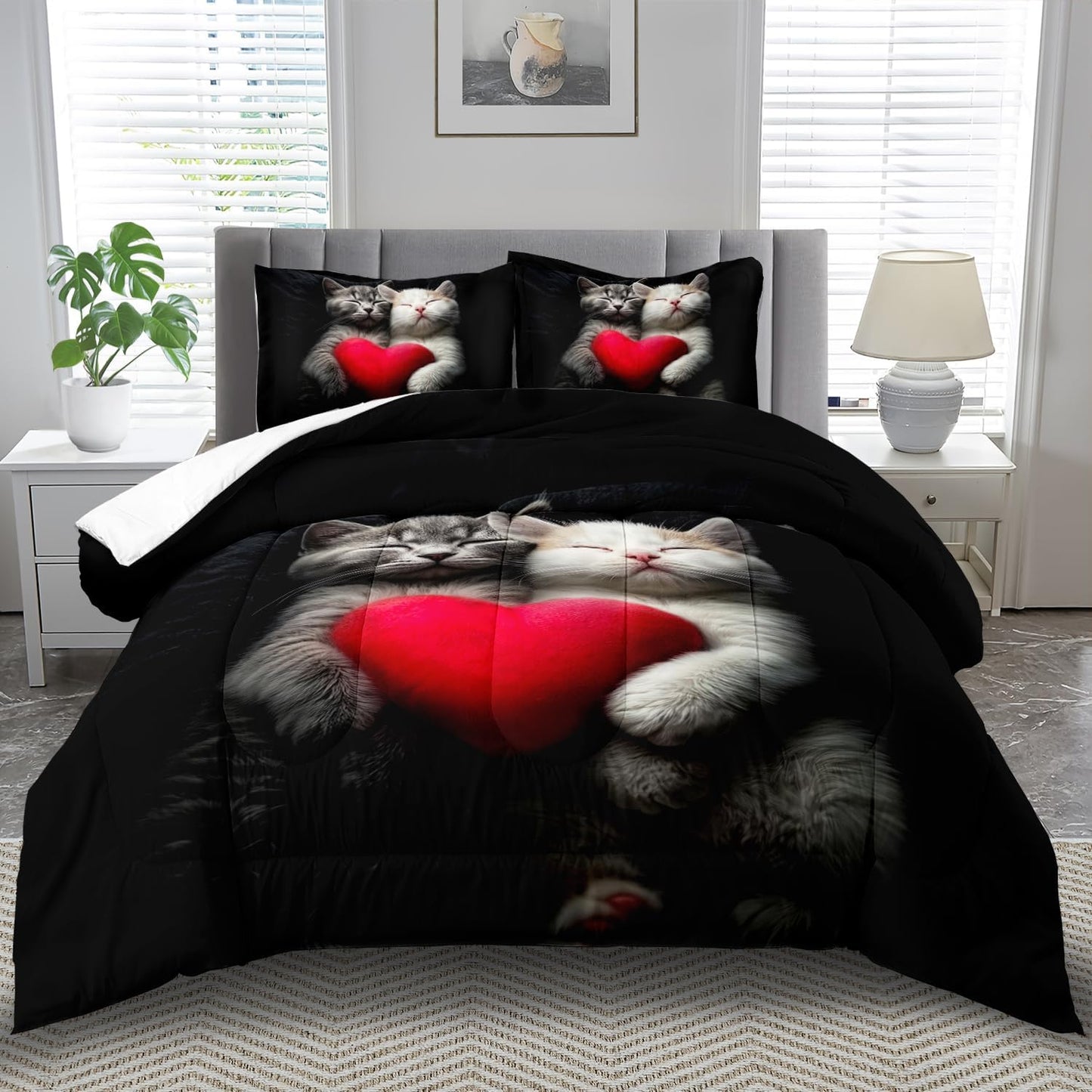 Cute Cat Comforter Set Queen,Kawaii Cat Bedding Set for Girls,Cute Animal Comforter Red Love Heart Bedding Decor,Kawaii Farm Animal Quilt Patterns Kids and Adults