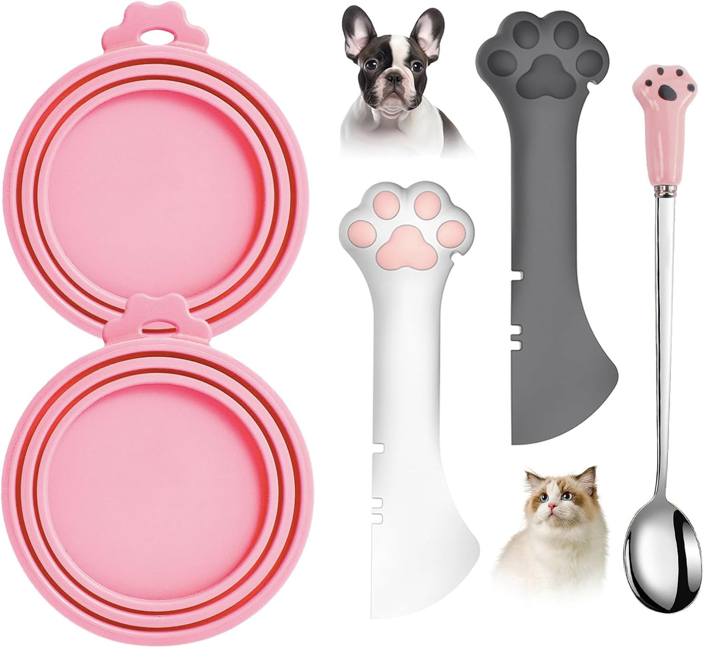 Comtim 5 PCS Pet Food Can Lids & Spoons Set - Silicone Dog Cat Covers With Multi-Function Spatula Opener for Wet Food - Long Handle Easy to Scoop