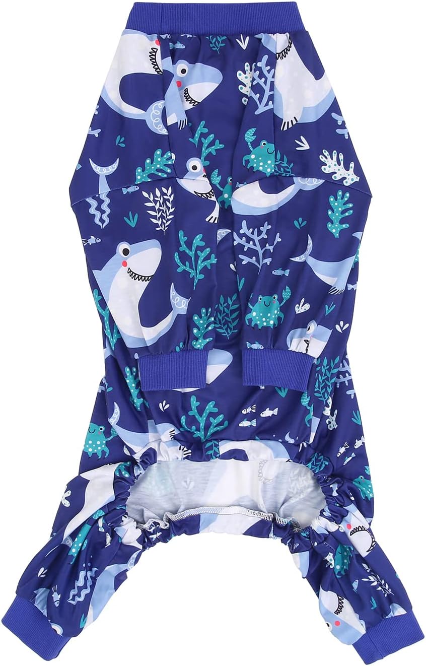HDE Dog Pajamas One Piece Jammies Jumpsuit Pet Clothes Outfit Stretchy Lightweight Comfy Shirt Pjs for M-3XL Dogs Sharks - XXL