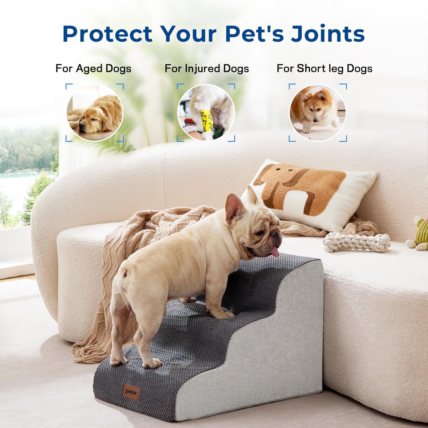 Dog Stairs Ramp for Bed 19.7" H - Pet Stairs Steps for Small to Medium Dogs to Get on Bed and Couch, 35D Foam with Non-Slip Bottom Beige, 4 Steps