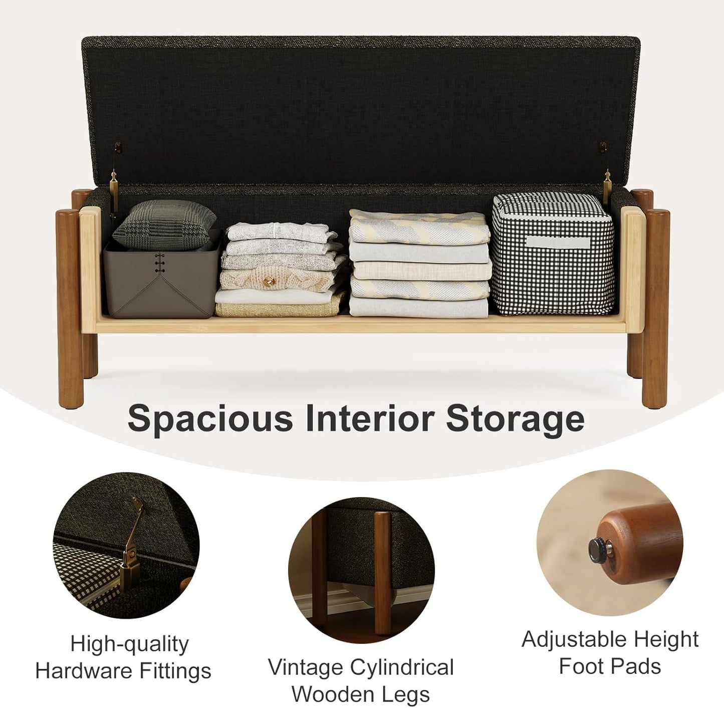 Storage Ottoman Bench, End of Bed Bench for Bedroom, 47" Boucle Upholstered Entryway Shoe Seat Benchs, Holds up to 660 lb Storage Ottoman, Padded Blanket Chest Stool Foot Rest for Living Room Black