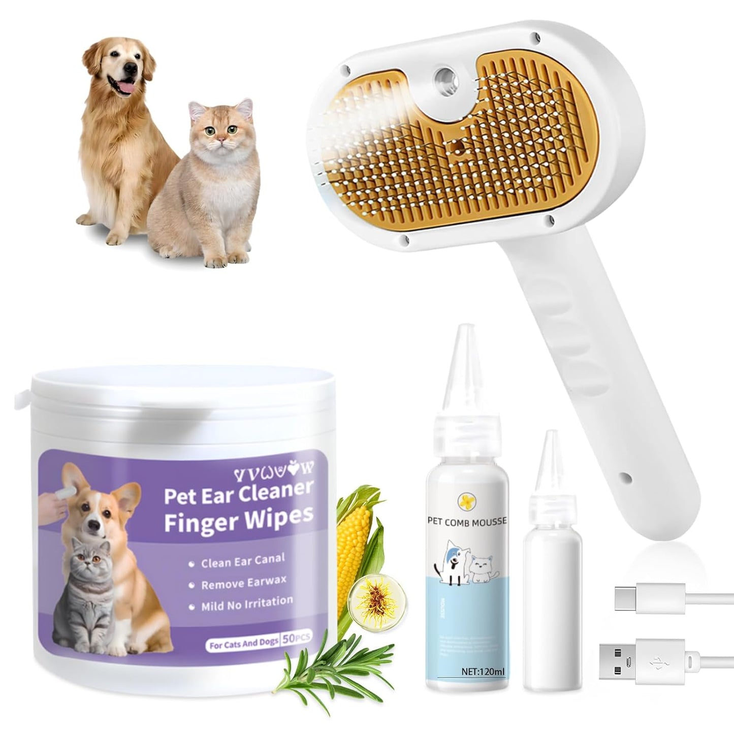 Pet Steam Brush for Dog & Cat – 3-in-1 Spray Hair Removal Comb – Steam Brush for Shedding & Grooming – Spritz Defur Comb – Includes Ear Wipes