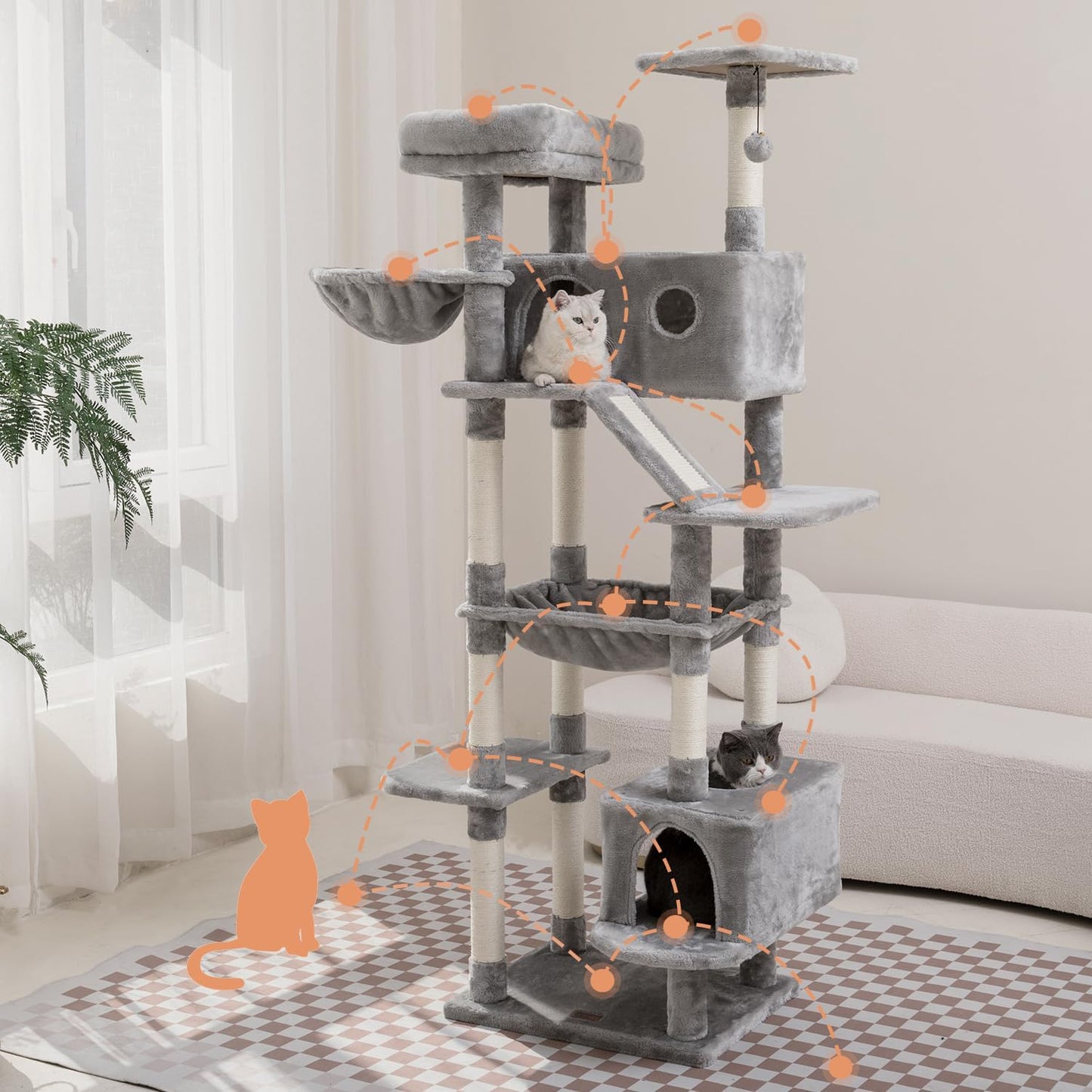 73 inches Large Cat Tree for Indoor Cats, Tall Cat Tower with Sisal Scratching Posts and Pads, Padded Plush Perch, Cozy Basket, Plush Condo for Large Cats (Grey)