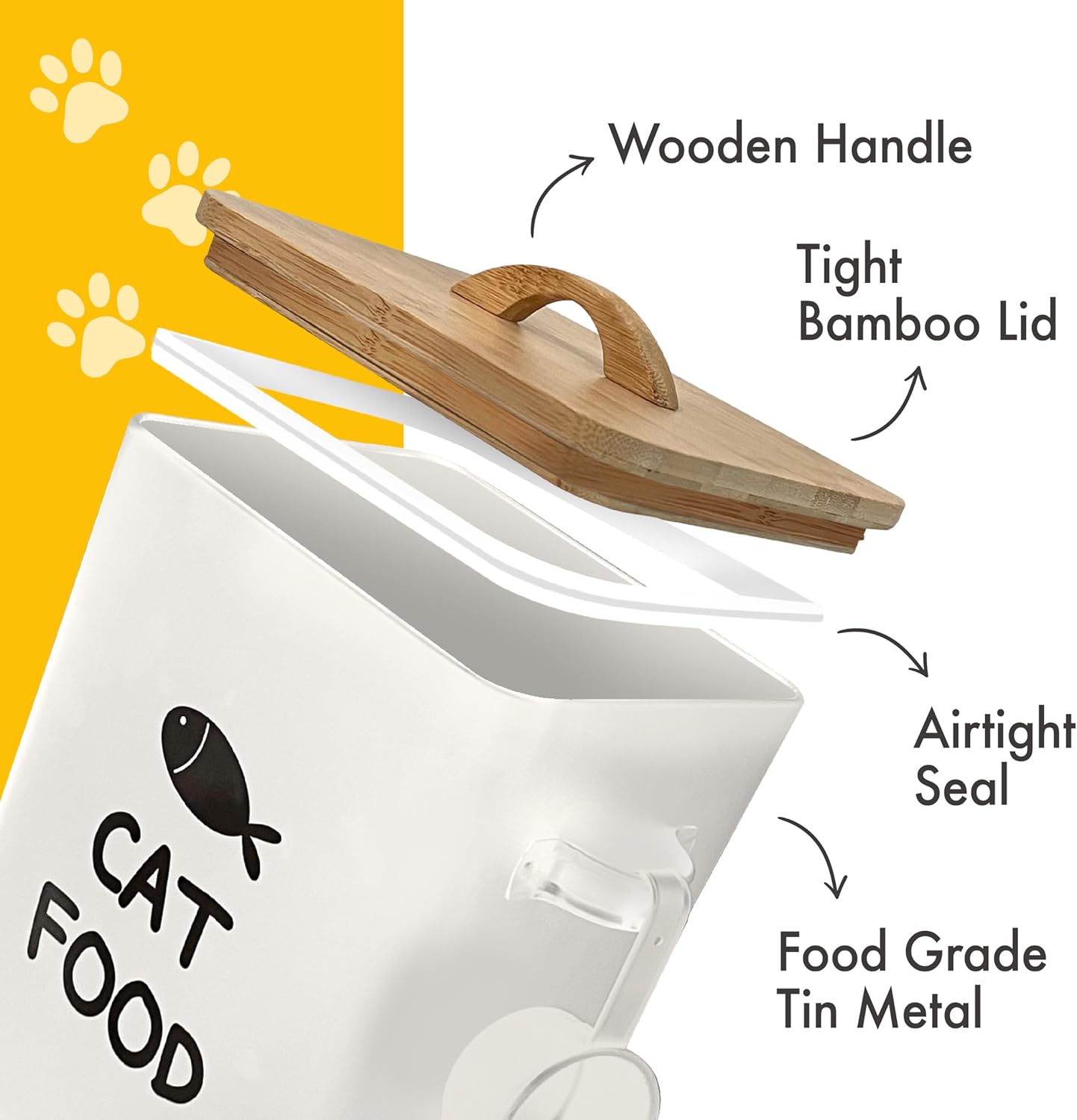 Calindiana Airtight Cat Food Storage Container with Bamboo Lid & Scoop – Farmhouse Cat Food Organizer, Gifts for Cat Lovers (Cream White)