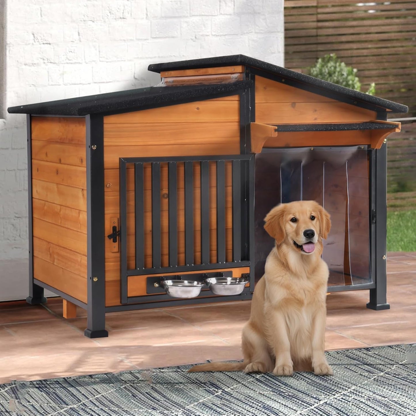 Chew-Resistant Dog House with Metal Frame, Wooden Kennel for Indoor & Outdoor Use, Waterproof Roof & Feeding Bowls Included (Wood, L)