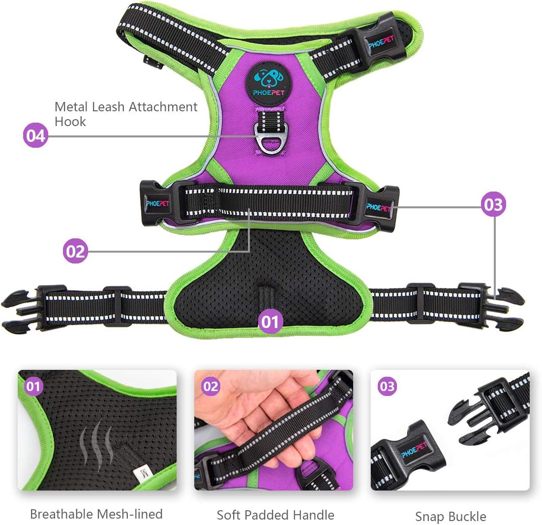 PHOEPET 2019 No Pull Dog Harnesses for Small Dogs Reflective Adjustable Front Clip Vest with Handle 2 Metal Rings 3 Buckles [Easy to Put on & Take Off](XS, Purple)