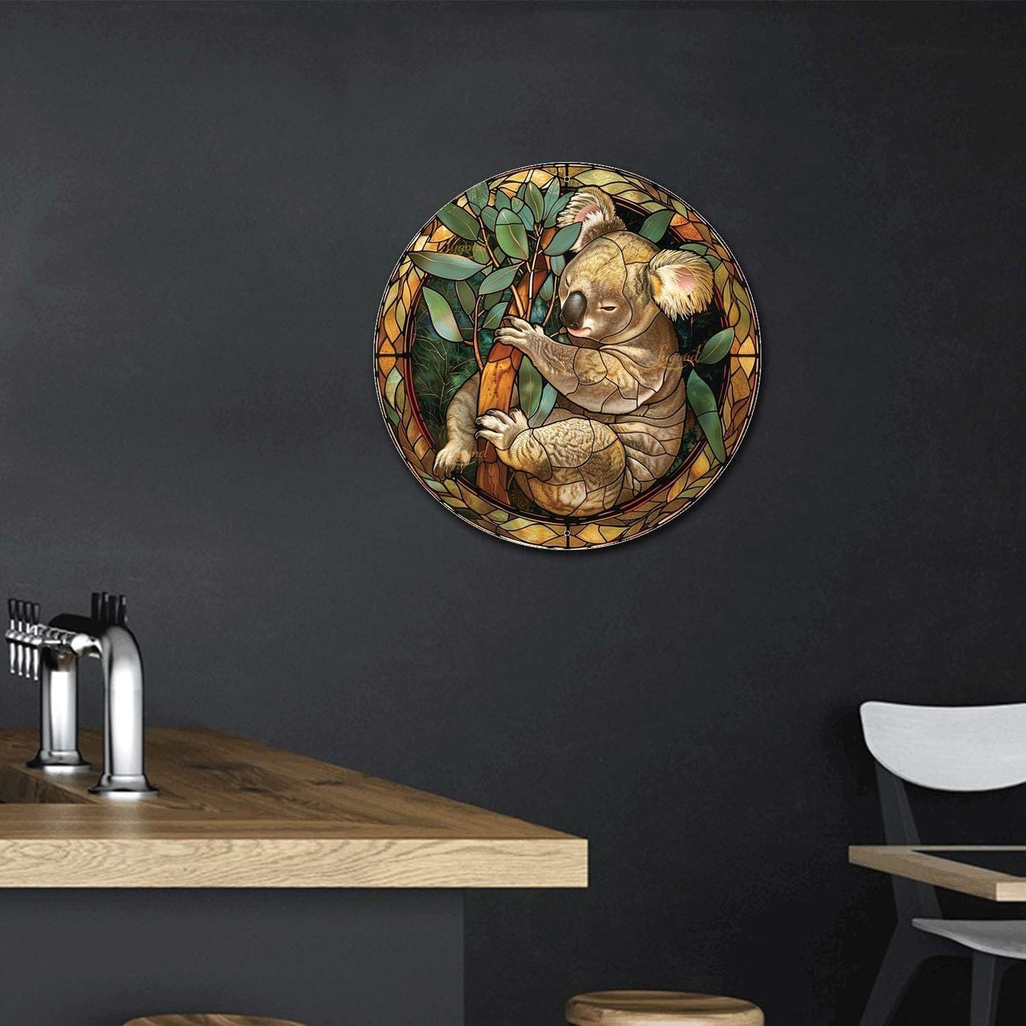 Lygond Metal Sign Tin Sign Circular Stained Glass Koala Tin Signs Gardening for Pub 12×12 Inches