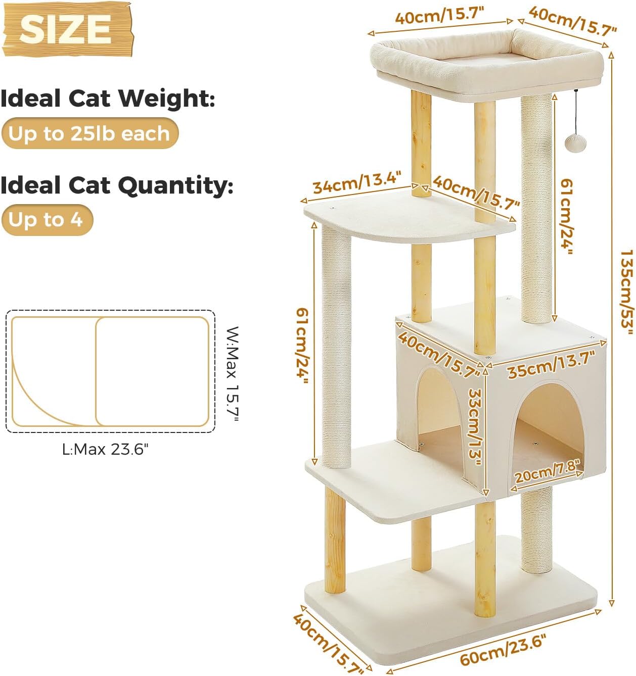 PAWZ Road Large Cat Tree, 53 Inches Modern Wooden Cat Tower for Indoor Large Cats, Multi-Level Cat Condos with Long Scratching Posts and Natural Wood Posts-Beige