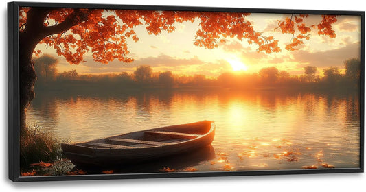 Large Lake Sunrise Landscape Wall Art for Living Room, Nature Boat Canvas Oversized Wall Decor, River Scenery Framed Pictures Painting Print Artwork for Bedroom Office 60"L x 30"W