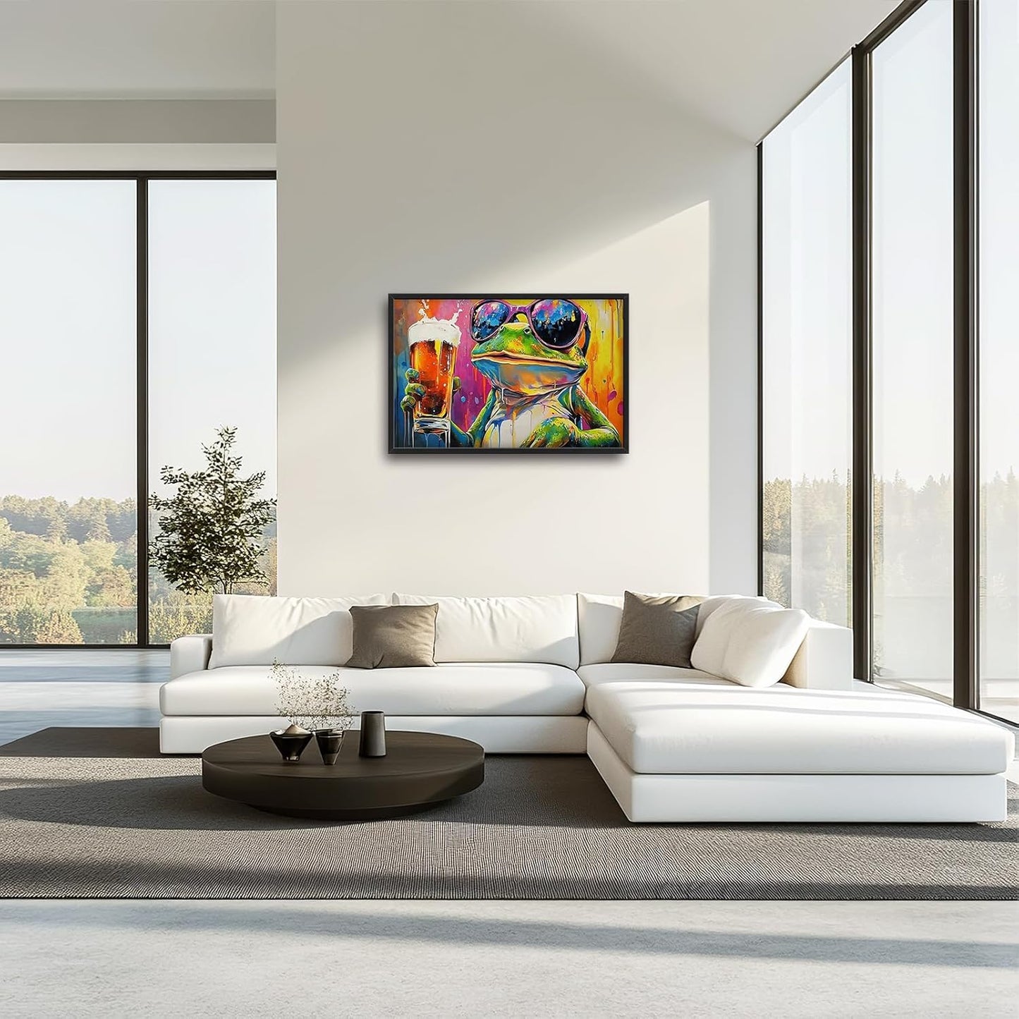 Large Graffiti Frog Wall Art for Living Room, Framed Oversized Funny Frog Beer Wall Decor Colorful Animal Canvas Painting Modern Artwork for Bathroom Bedroom Office Dining Room 36"x24"