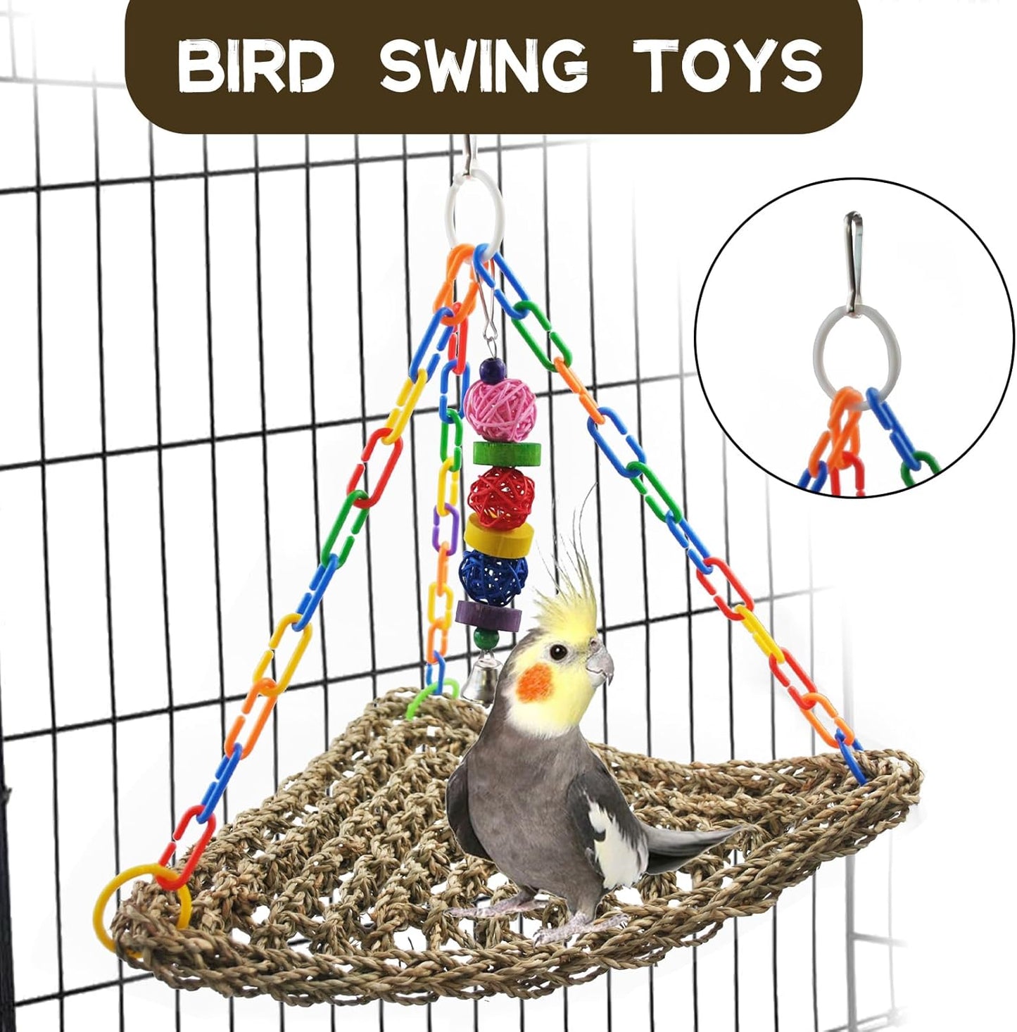 Bird Swing Toys,Parakeet Seagrass Mat,Edible Triangle Seagrass Hammock with Color Toys Handmade Woven Natural Grass Net Hanging on Parrot Cage for Budgies Lovebird Canary Cockatiel Finch Hamster