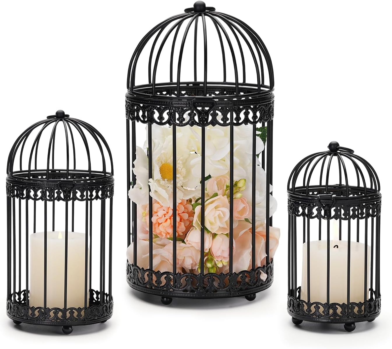 NUPTIO Decorative Bird Cages for Centerpiece: Black Vintage Bird Cage Hanging Lantern Set of 3 - Metal Birdcage Pillar Candle Holders for Halloween Party Table Fireplace Decor