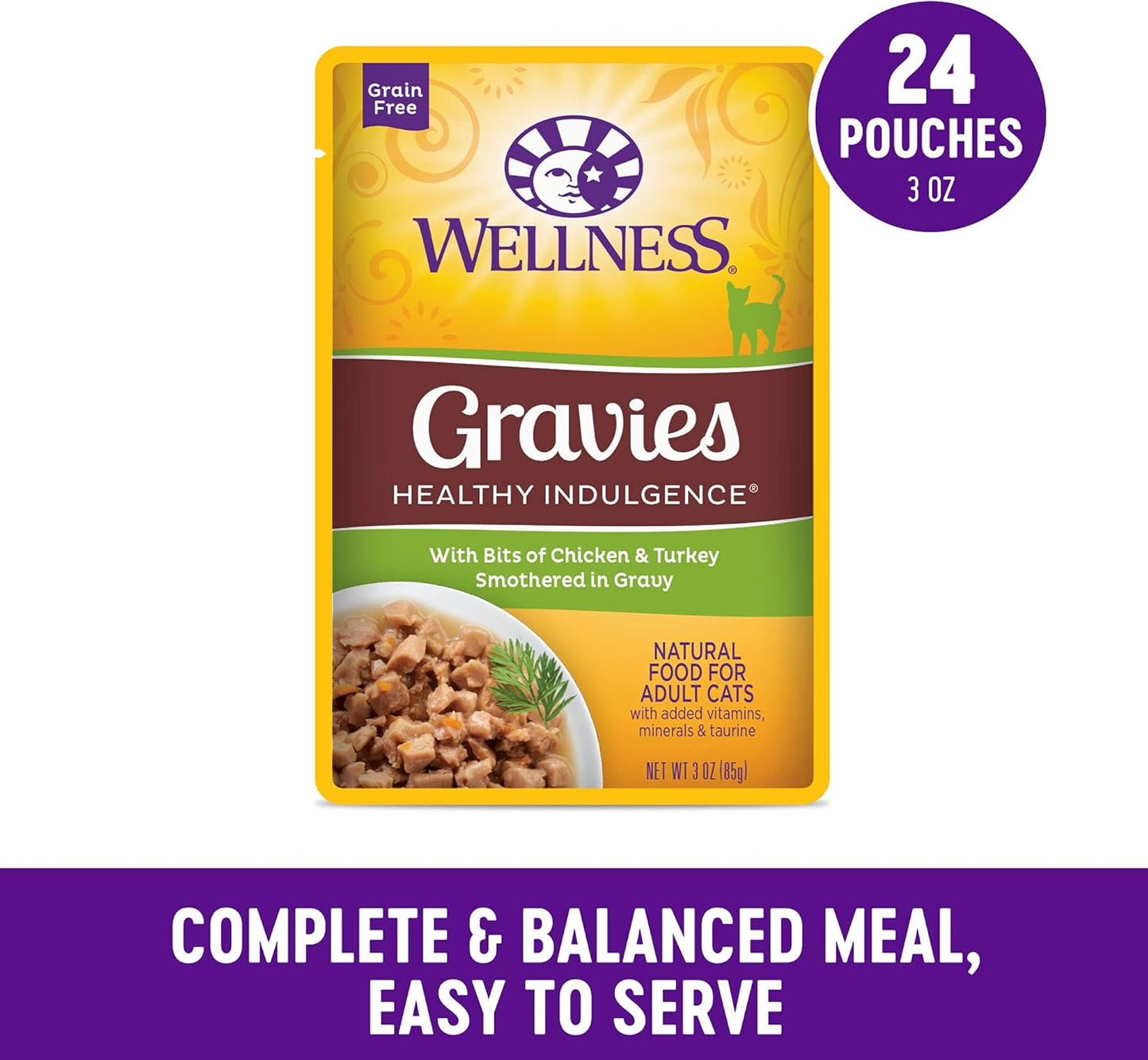 Wellness Healthly Indulgence Gravy Adult Wet Cat Food, Natural, Protein-Rich, Grain Free, 3 Ounce Pouch, 24 Pack, (Chicken & Turkey)