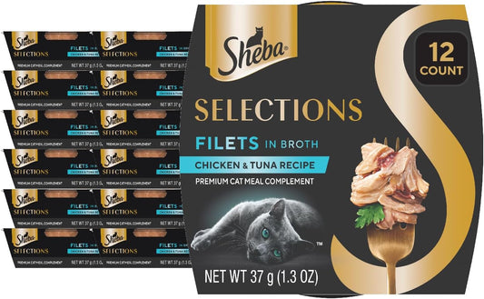 Sheba Selections Filets in Broth Adult Wet Cat Meal Complement Chicken & Tuna Recipe, 1.3 oz. Cups, 12 Count