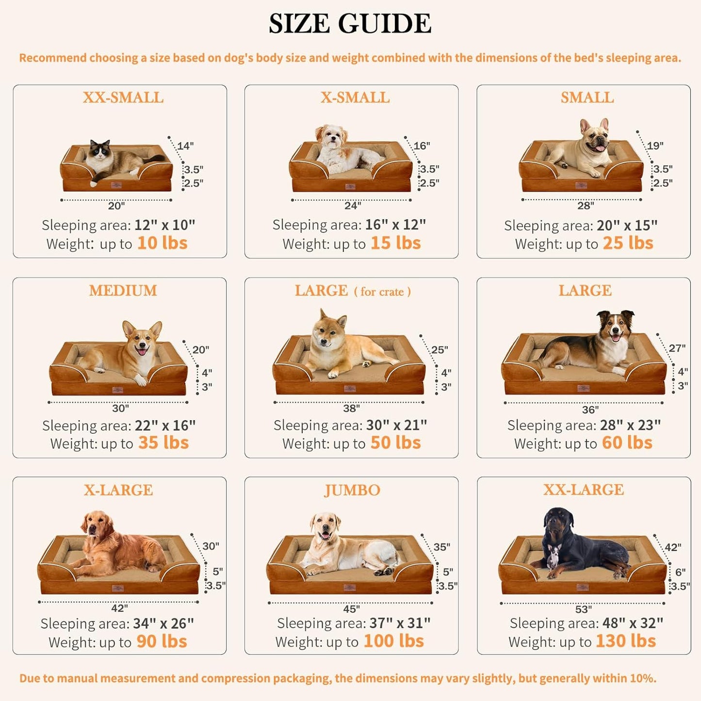 Comfort Expression Small Dog Beds Waterproof Cat Beds Orthopedic Foam Sofa Beds for Small Dogs Comfy Pet Bed with Washable Removable Cover & Non-Slip Bottom(XX-Small,Caramel)