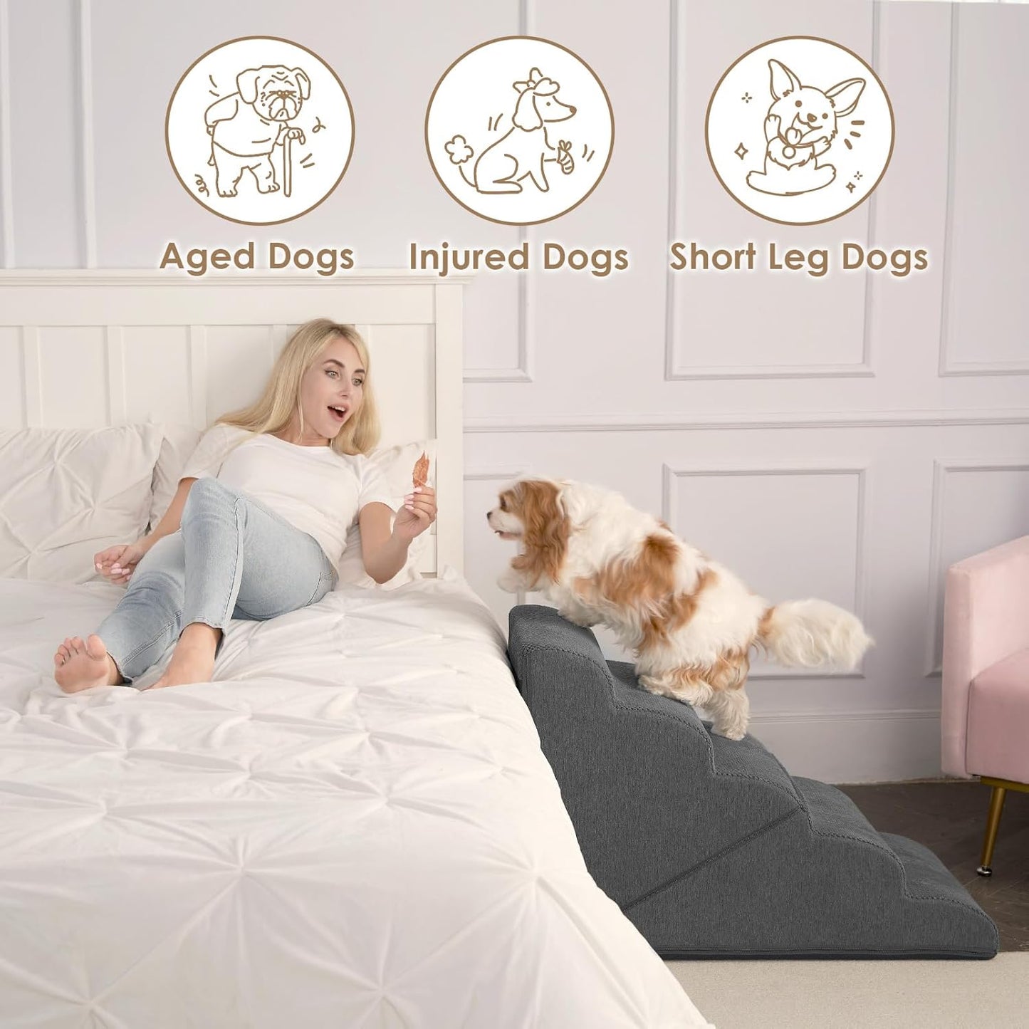 EHEYCIGA Curved Foldable Dog Stairs Ramp for High Beds 22.5" H, 5-Step Dog Steps for Small Dogs and Cats, Pet Stairs for High Bed Climbing, Non-Slip Balanced Pet Step Indoor, Grey