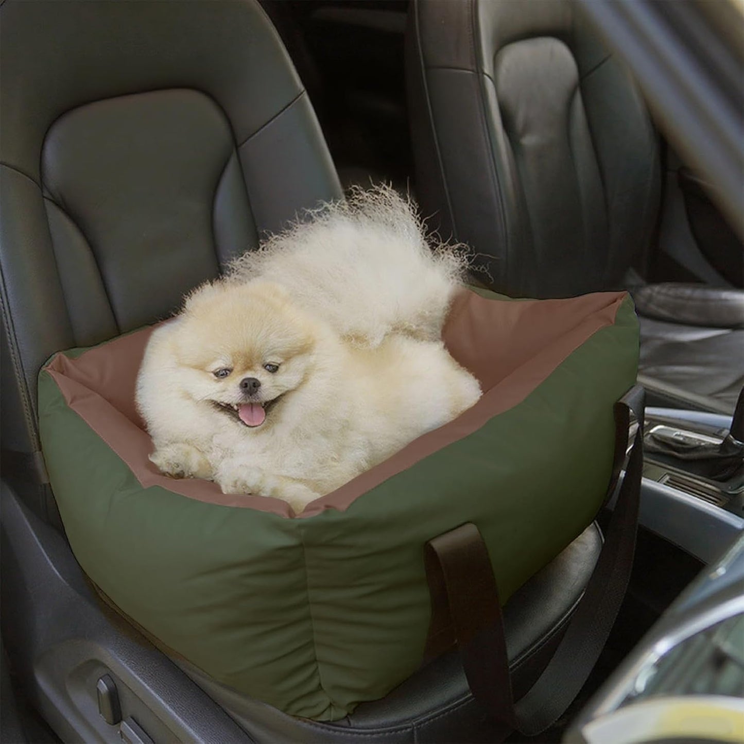 Dog Car Seat for Small Dogs, Large Leather Dog Car Bed with Storage Pocket, Waterproof PVC Leather Booster Seat Travel Bed for Front & Back Seat, Clip-On Safety Leash (Green/Brown)