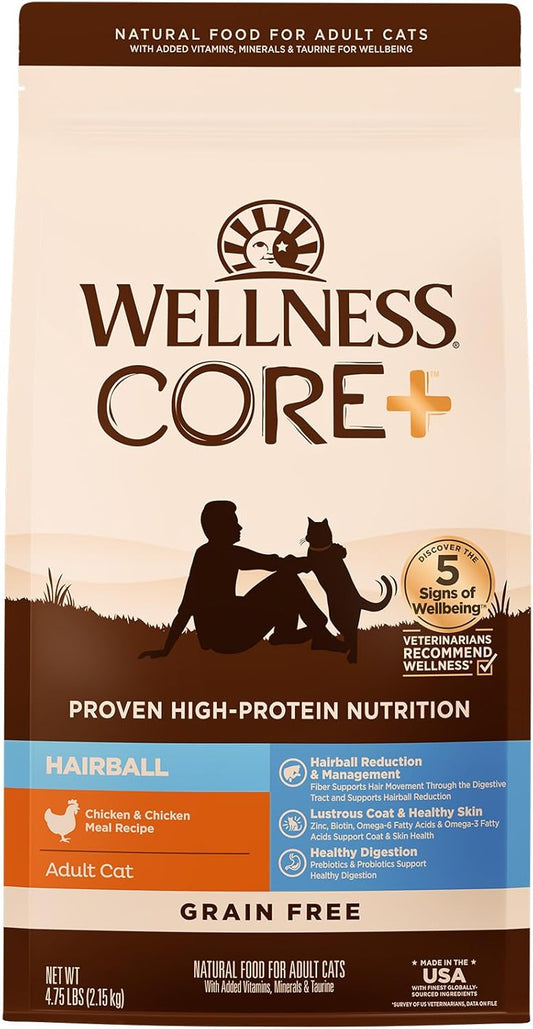 Wellness CORE+ Hairball Adult Dry Cat Food for Indoor & Outdoor Cats, Grain Free, Natural, Chicken and Chicken Meal (4.75 Pound Bag)