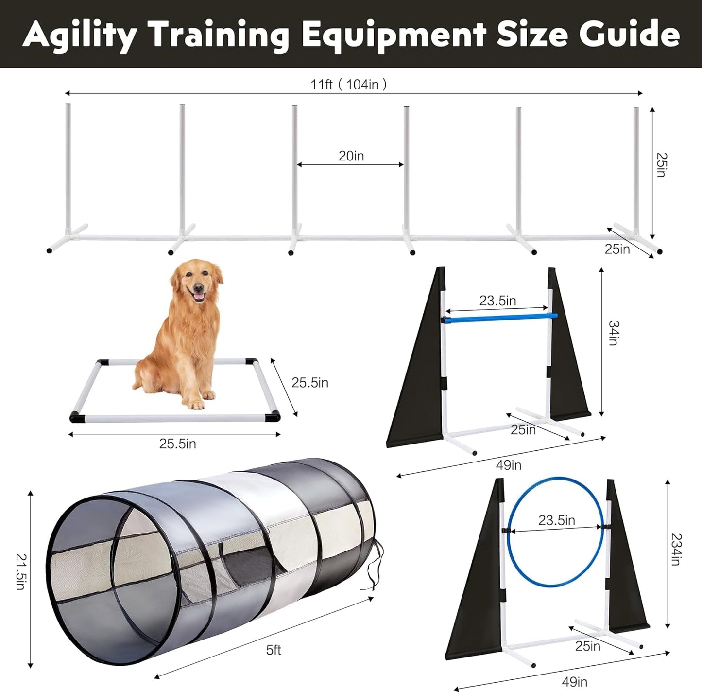 Dog Agility Training Equipment,Course Backyard Set Training Equipment for Dogs Pet Outdoor Game with Grey and Black Tunnel, Agility Hurdle, Poles, Jump Ring, Pause Box, Toy Balls and Storage Bag