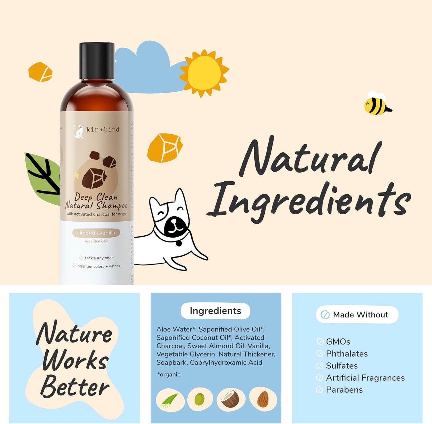 kin+kind Dog Shampoo with Activated Charcoal - Deep Clean Deodorizing Dog Shampoo for Dirt, Odor & Itch Relief - Gentle Grooming Pet Supplies with Natural Aloe, Almond & Vanilla 12 fl oz