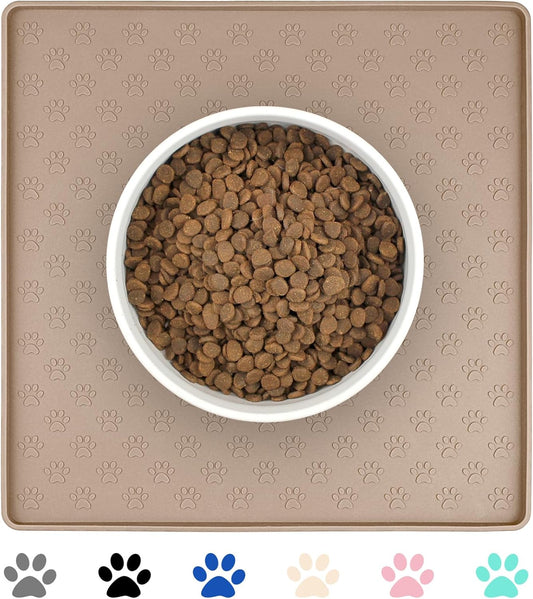 Ptlom Dog Food Mat Anti-Slip Bowl Mats for Food and Water, Waterproof Silicone Pet Placemat with High Raised Edges, Non-Slip Puppy Feeding Tray for Small, Medium Large Cats Dogs, Taupe, 11.8"x11.8"