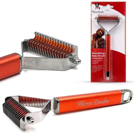 Warren London Undercoat Rake Brush for Dogs and Cats - Premium Deshedding Tool for Long Haired Pets - Skin Friendly Dematting Comb for Professional Grooming Results at Home