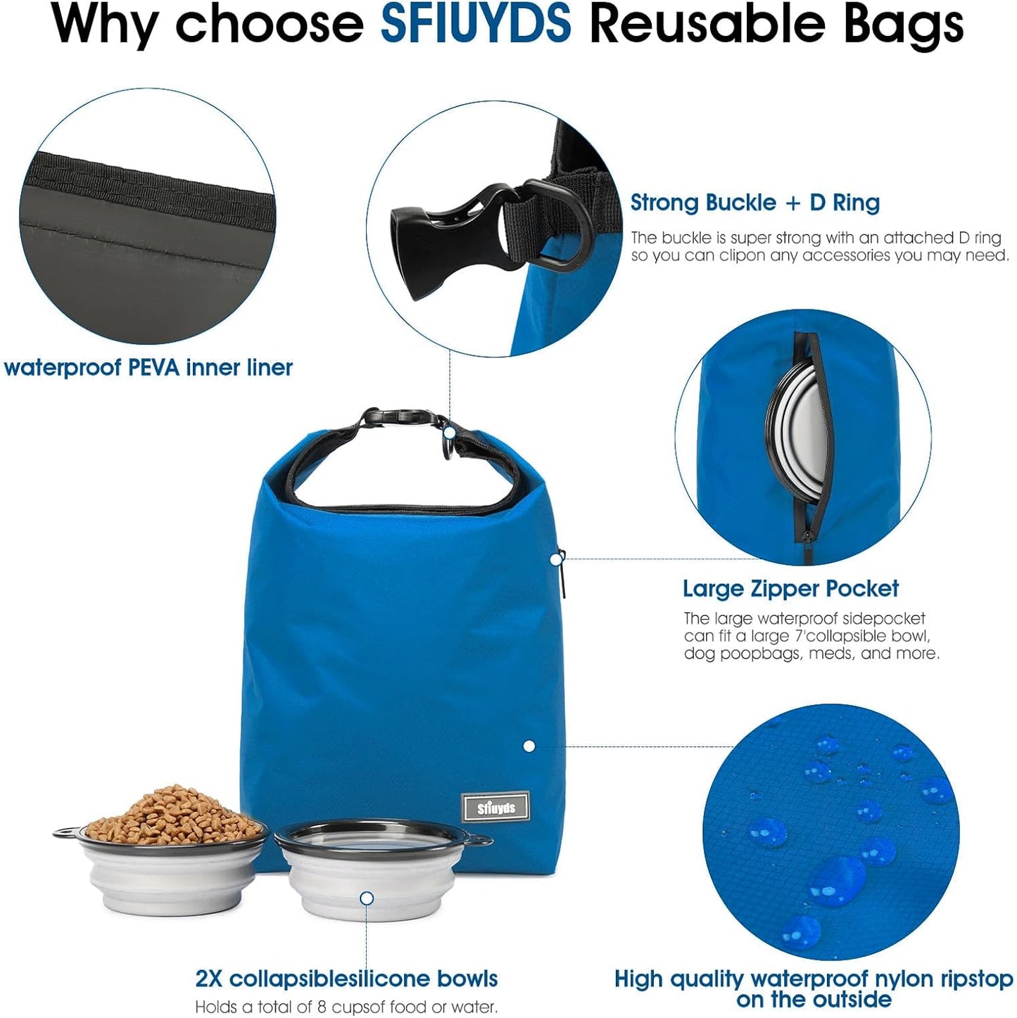 Pet Food Storage Bag,Dog Storage Organizer Bag w/2PCS Collapsible Dog Travel Bowls and Zipper Side(Blue, Small)