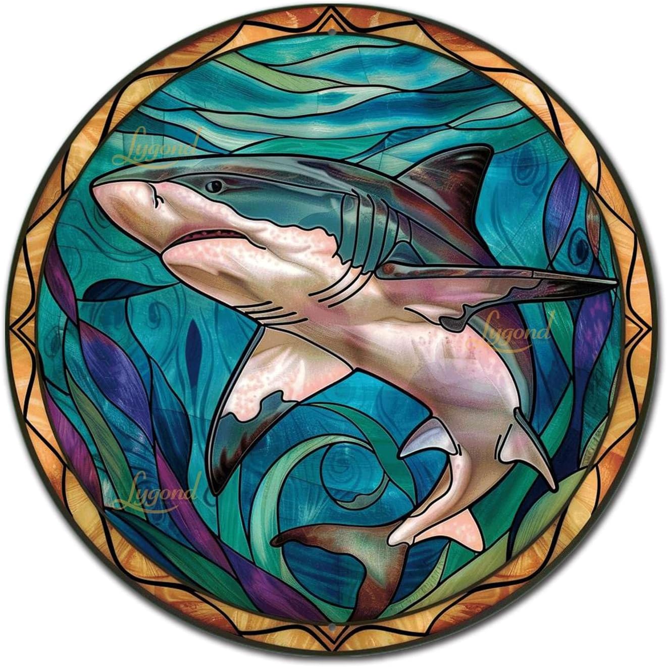 Lygond Metal Sign Tin Sign Circular Stained Glass Shark Decor Outdoor for Patio 12×12 Inches