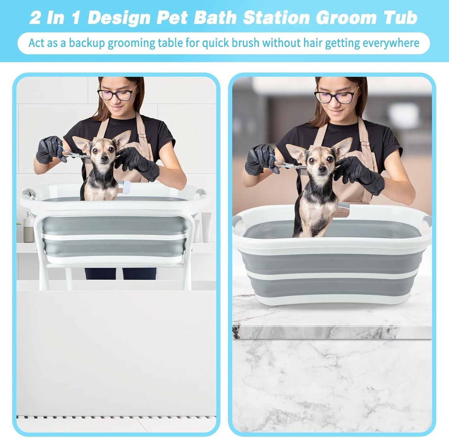 FHTONGE Elevated Dog Bathtub Grooming Station with Drain Adjustable Collar, 2 in 1 Collapsible Dogs Beautify Bathtub Portable Pet Washing Station, Pet Tub for Small Medium Dog Cat Shower Hairdressing