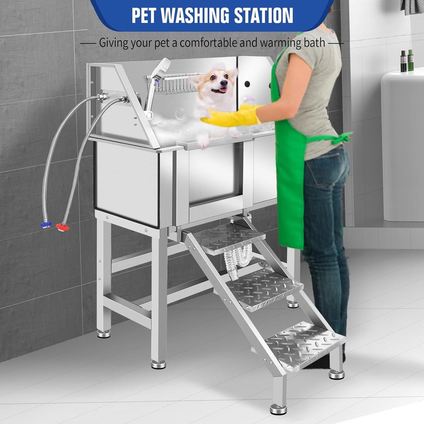 Stainless Steel Dog Washing Station for Large Dogs, Dog Grooming Tub for Home, Professional Dog Bathtub Bathing Station, Pet Wash Station, Dog Shower Tub with Stairs, Drain & Door,34" L-RAMP