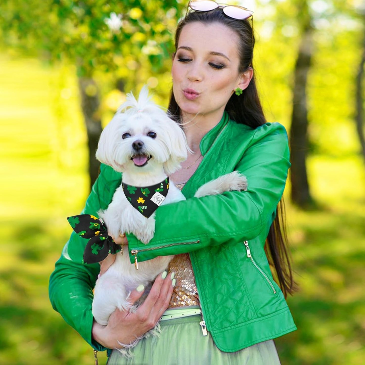 E-Clover Dog Bandana Boy & Matching Scrunchie-Shamrock Dog Bandanas Irish Pet Scarf Bib for Samll Dogs Puppy Girl Owner Gift Dark Green