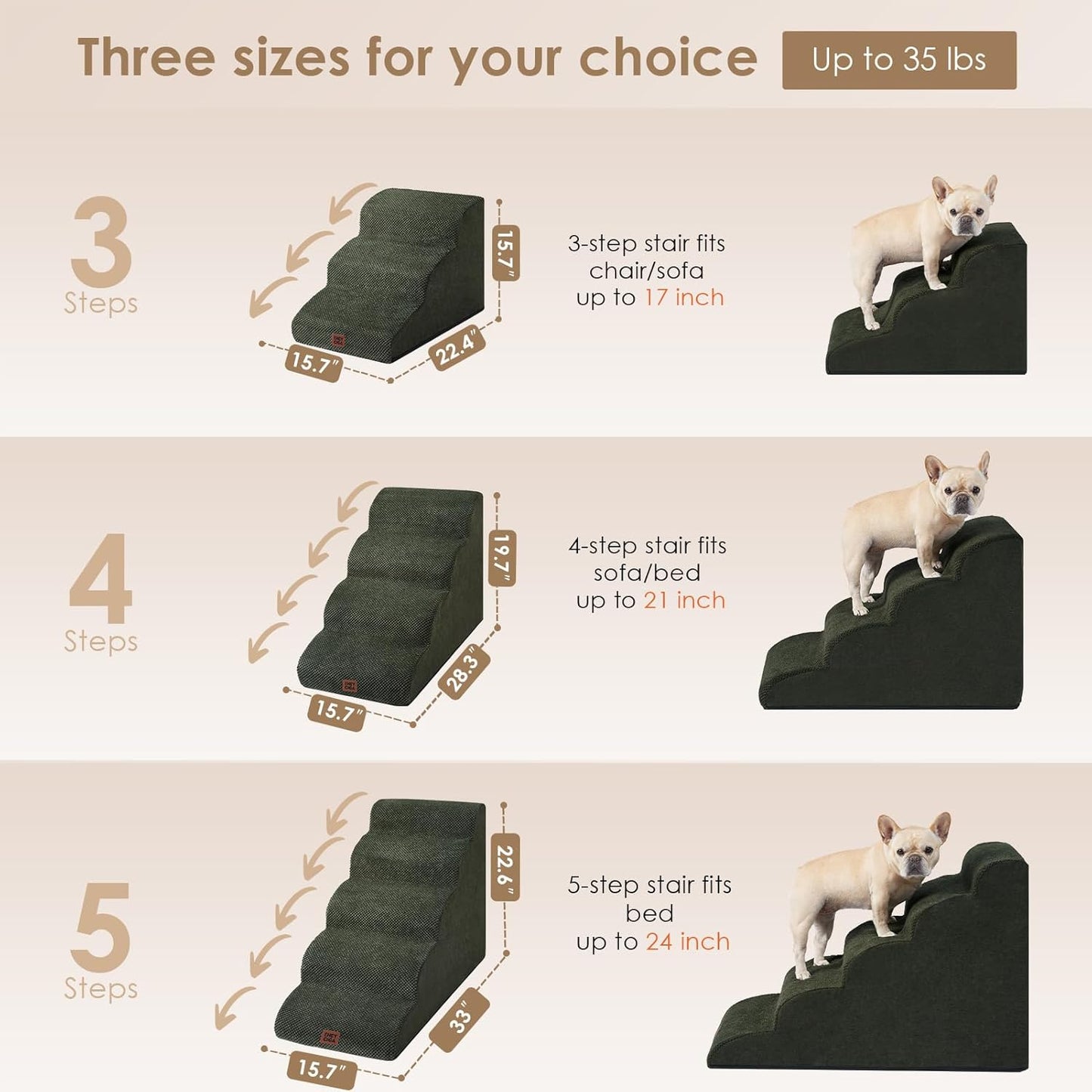 EHEYCIGA Curved Dog Stairs Ramp for High Beds 22.6" H, 5-Step Dog Steps for Small Dogs and Cats, Pet Stairs for High Bed Climbing, Non-Slip Balanced Pet Step Indoor, Olive Green