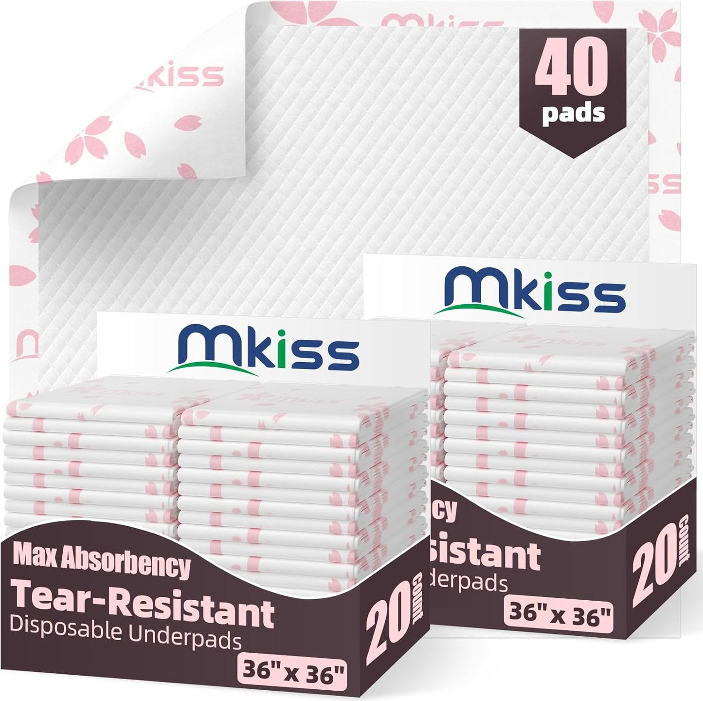 MKISS Heavy Duty Incontinence Underpads, 36" x 36", 40 Count-Ultra Absorbent Disposable Bed Pads, Tear-Resistant Chucks Pads for Adults, Kids, Elderly and Home Care