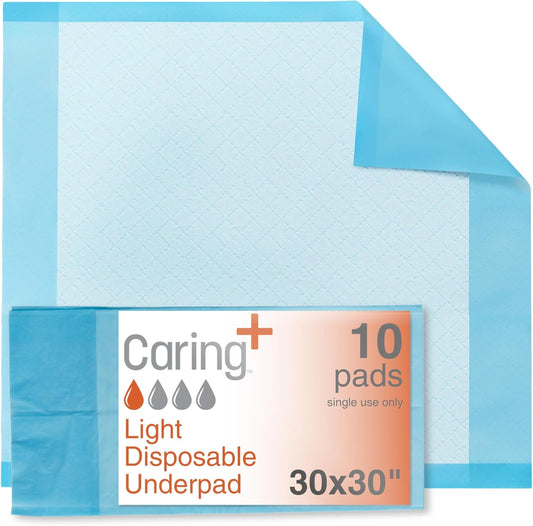 Caring Disposable Underpads 30 x 30 in, Light Absorbency Bed Pads, Chucks Pads, Puppy Pads, Baby Changing Pads, Incontinence Underpads for Adults, Pets, Babies, 10 Count Pack