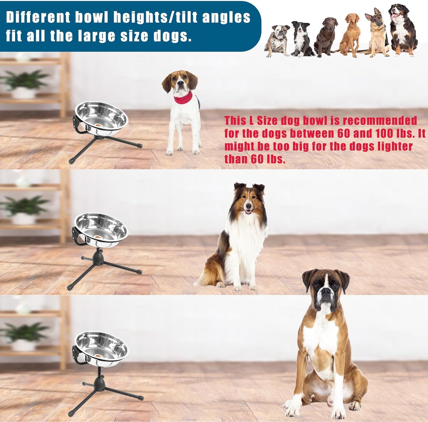 2 Pack Elevated Dog Bowls with Adjustable Metal Stand,Large Size for Dogs Between 60 and 100 lbs, 0.8 Gal 3 Liter,Stainless Steel Dog Food Water Bowl,Height Adjustable Non-Slip Raised Dog Bowl Set