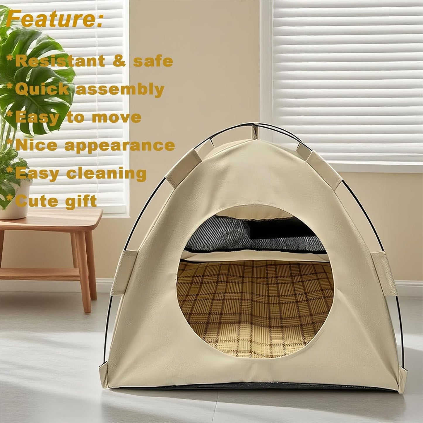 BreezyDen Pop-Up Pet Tent – Portable Hideaway for Cats & Small Dogs, Portable Indoor/Outdoor Pet Tent House with Mesh Window, Waterproof, Breathable, Scratch-Resistant, Fully Washable (Beige,L)