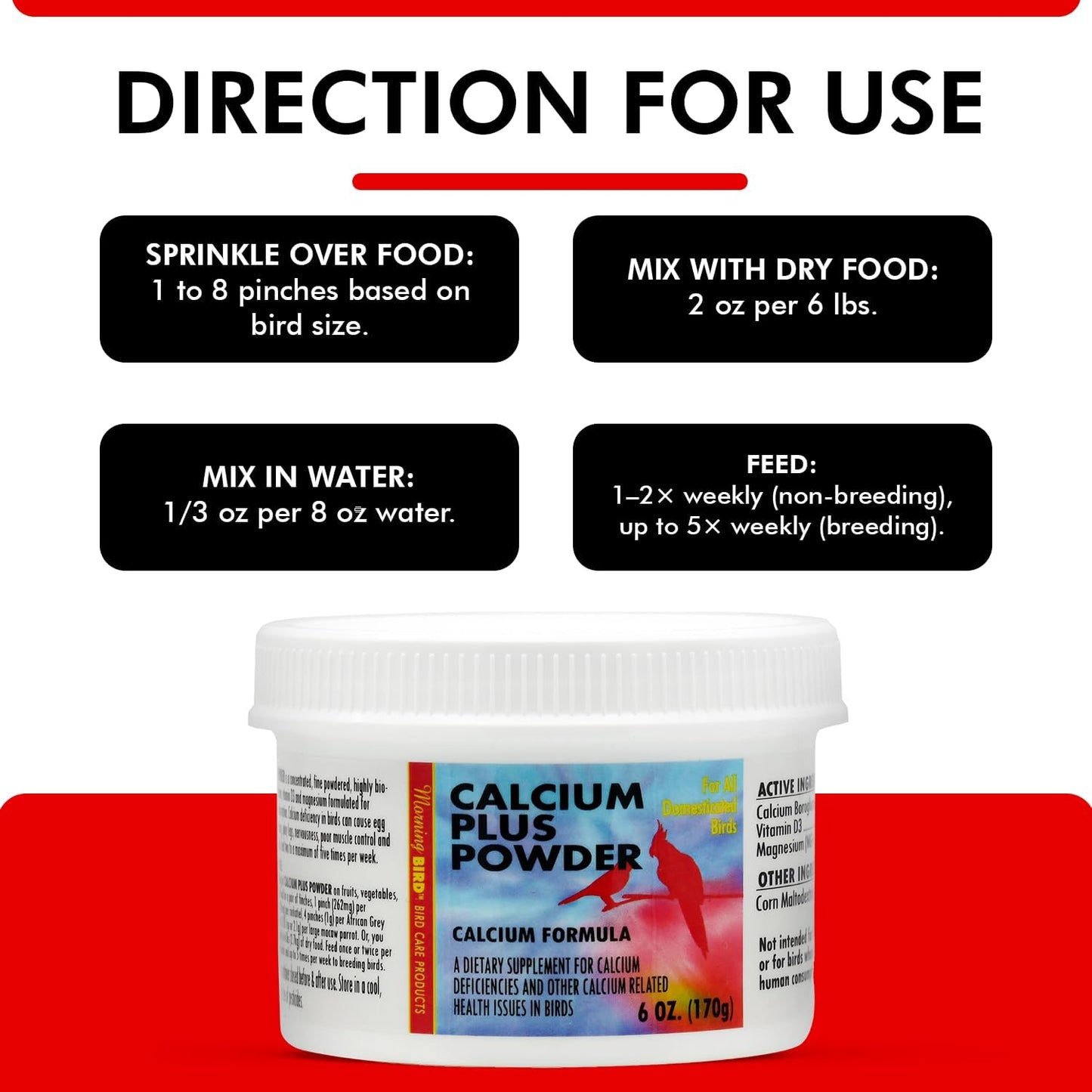 Morning Bird Calcium Plus Powder for Birds 6 oz – Calcium Carbonate Powder with Magnesium Glycinate & Vitamin D – Bone Strength & Immune Support Supplement – Calcium Formula for All Bird Sizes