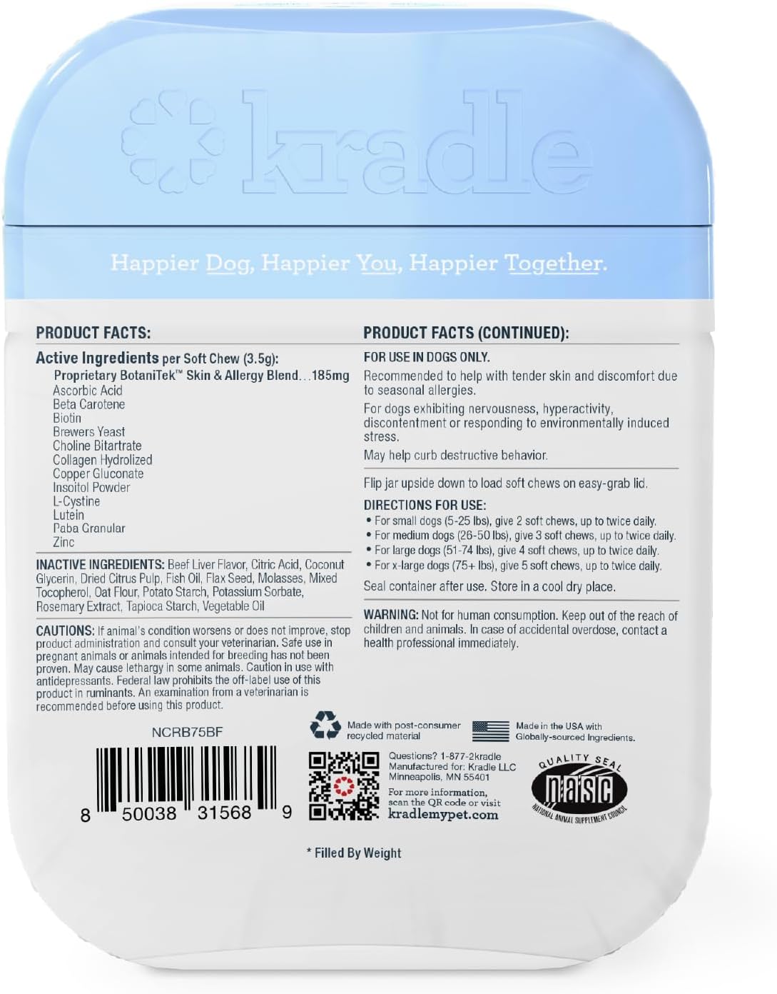 Kradle Skin Recovery Chews for Dogs - Biotin Collagen Zinc - Soothes Environmental Skin Irritation - 75 Chews