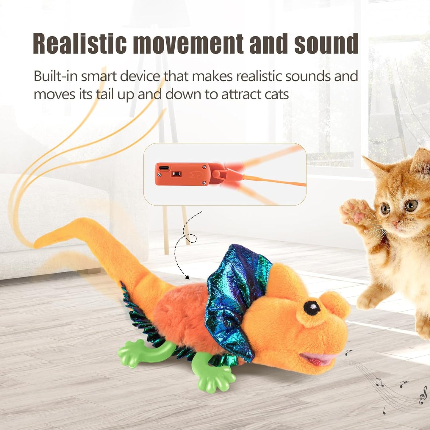 Migipaws Cat Toys, Touch Activated Flapping Chirping Lizard Kitten Toy with Catnip for Indoor Cats Kicker, Rechargeable (Orange)