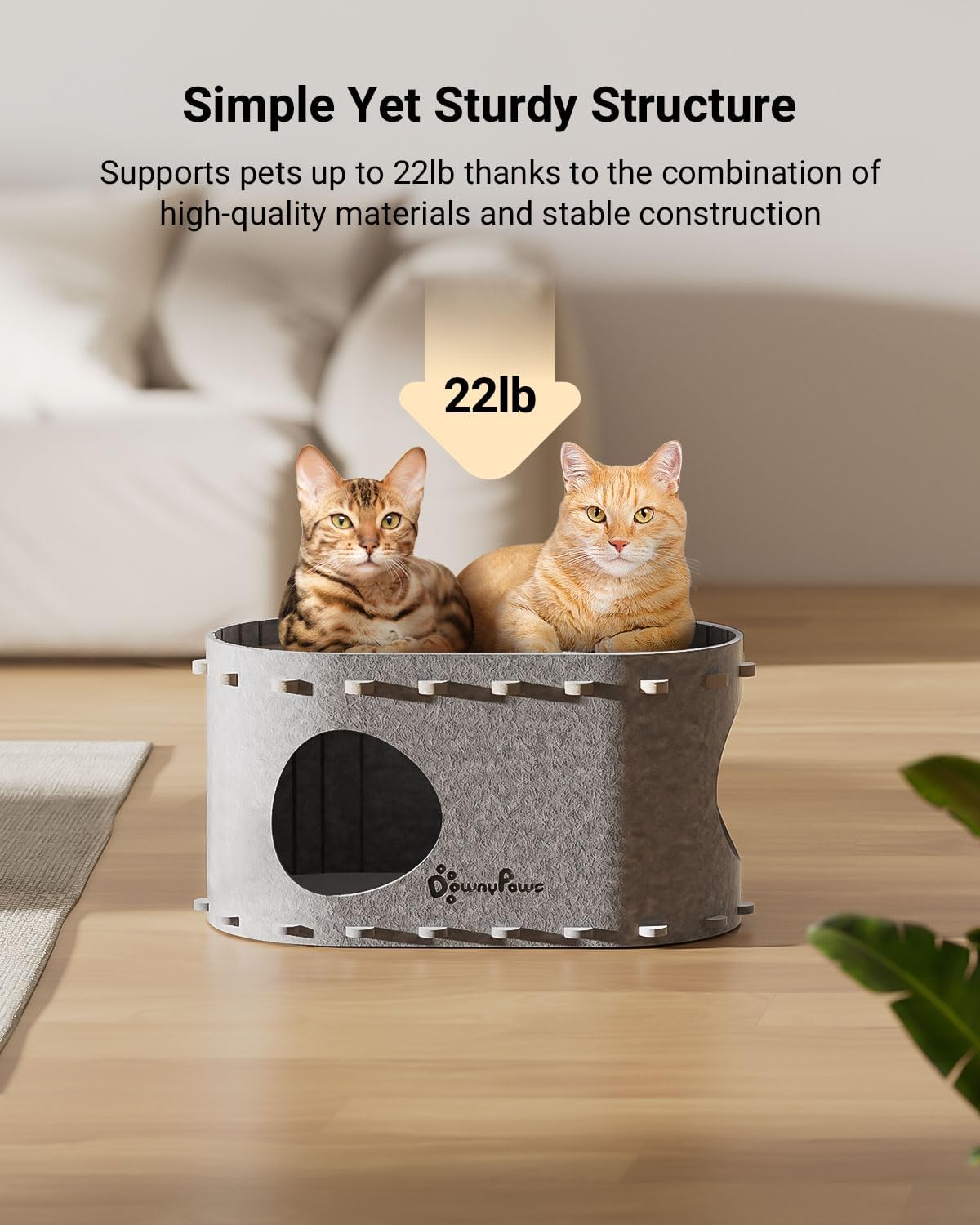 DownyPaws Cat House for Indoor Cats, Cat Bed Cave for Multiple & Large Cats Up to 22 Lbs, Scratch Resistant, Foldable Peekaboo Kitten Caves Tunnel Enclosed Bed, PeekaPurr, Light Gray