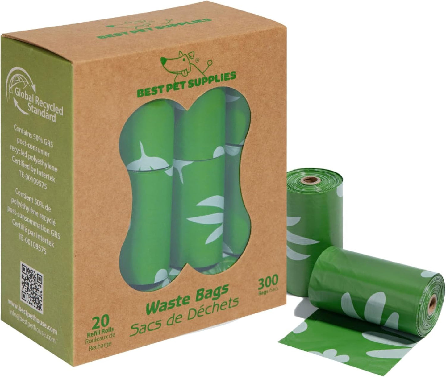 Best Pet Supplies Poop Bags for Dogs, 50% Post-Consumer Recycled Content dog waste bags on rolls, fits all poop bag holders for leashes - 300 Count, Green, Unscented