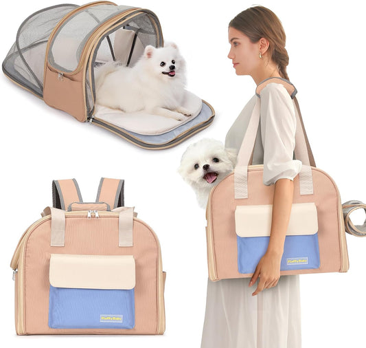 Expandable Pet Carrier Backpack, Cat Carrier Backpacks with Breathable Mesh for Cats Small Dogs Puppies Up to 25 Lbs Airline Approved Waterproof Travel Carrier with Safety Buckle for Hiking & Flights