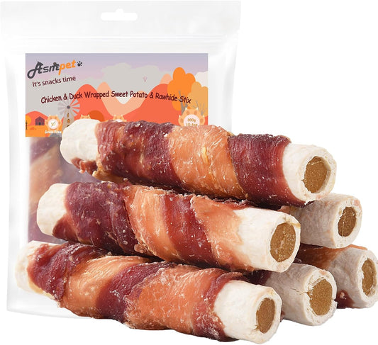 ASMPET Dog Treats, Chicken & Duck Wrapped Rawhide Sticks Filled with Sweet Potato for Small Medium Large Dogs